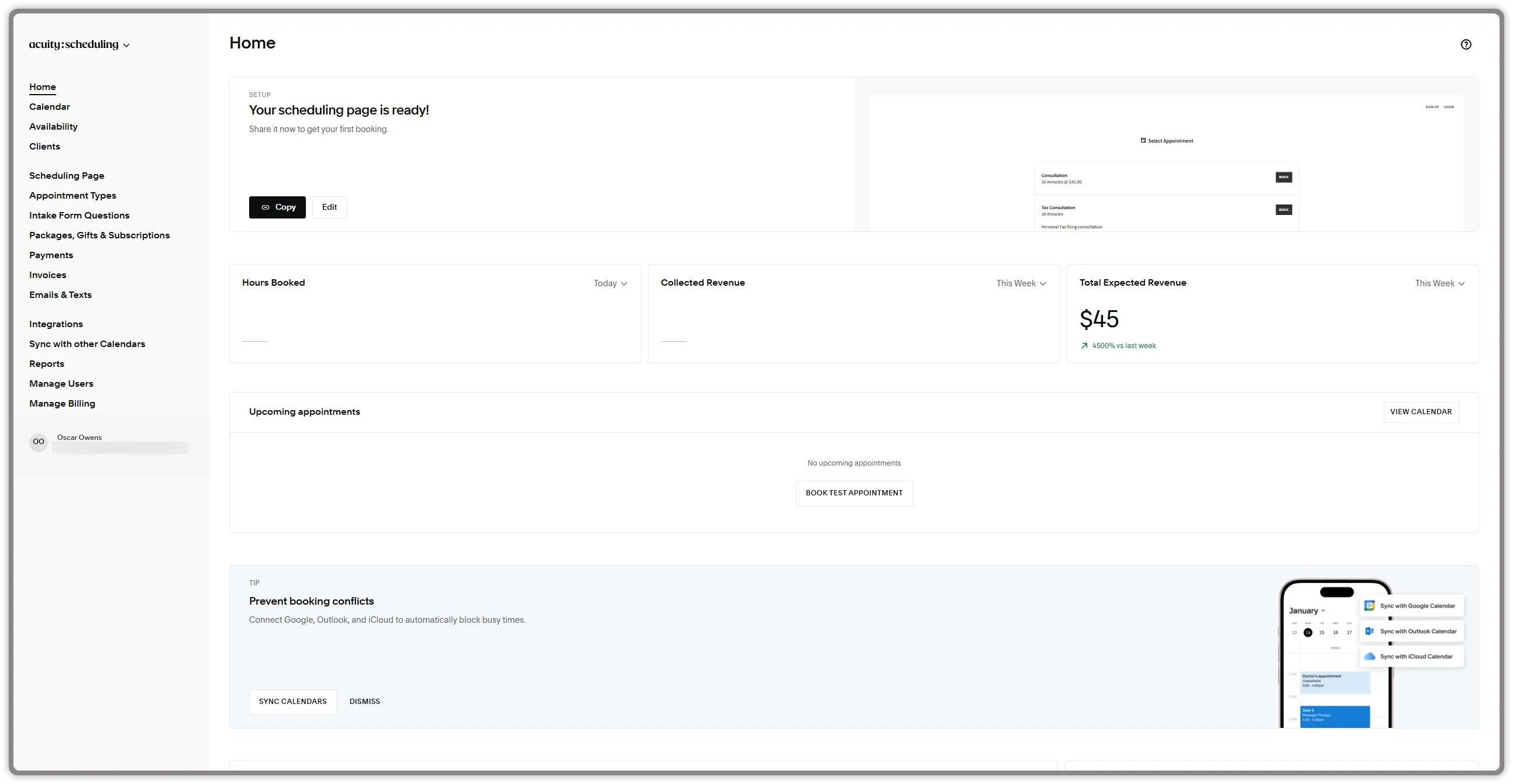 Acuity Scheduling Starter dashboard showing appointment types, intake forms and revenue areas