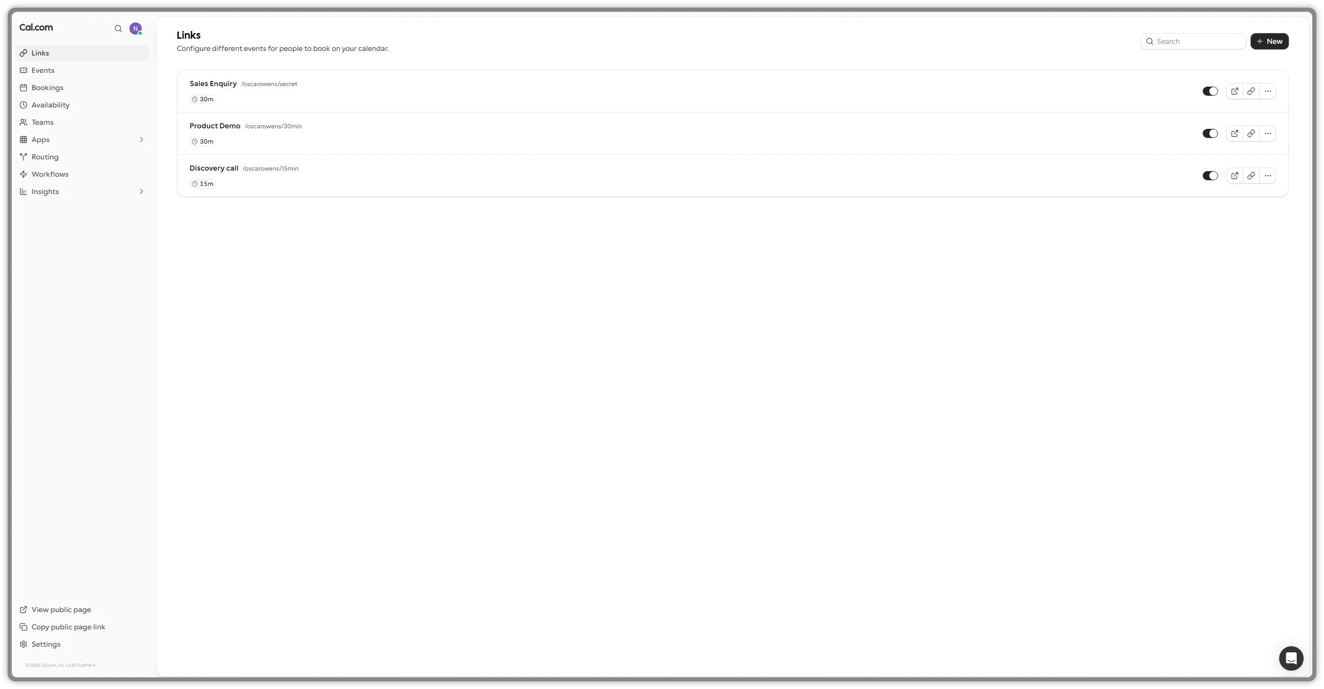 Cal.com Free event links showing three configured scheduling options