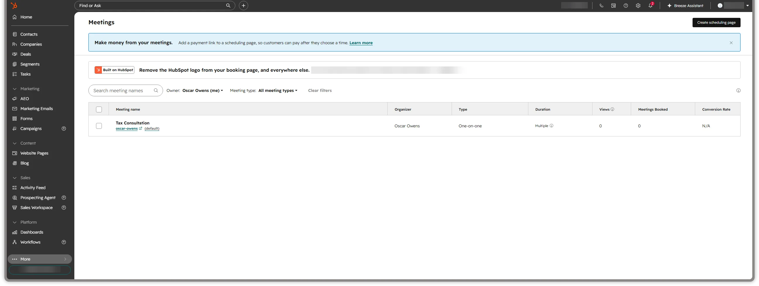 HubSpot Sales Hub Professional Meetings view with a one-on-one scheduling page