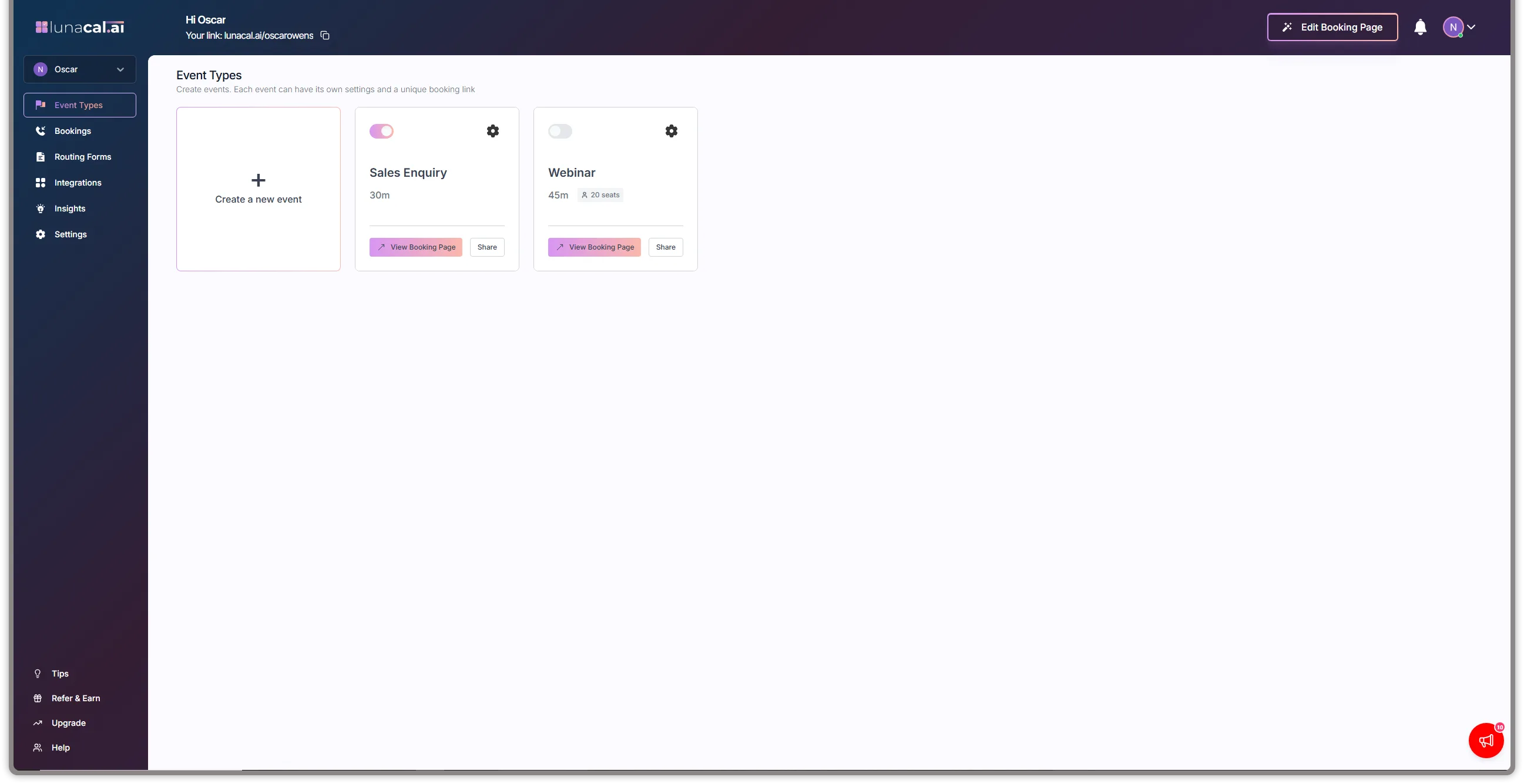 LunaCal event types and booking-page editor