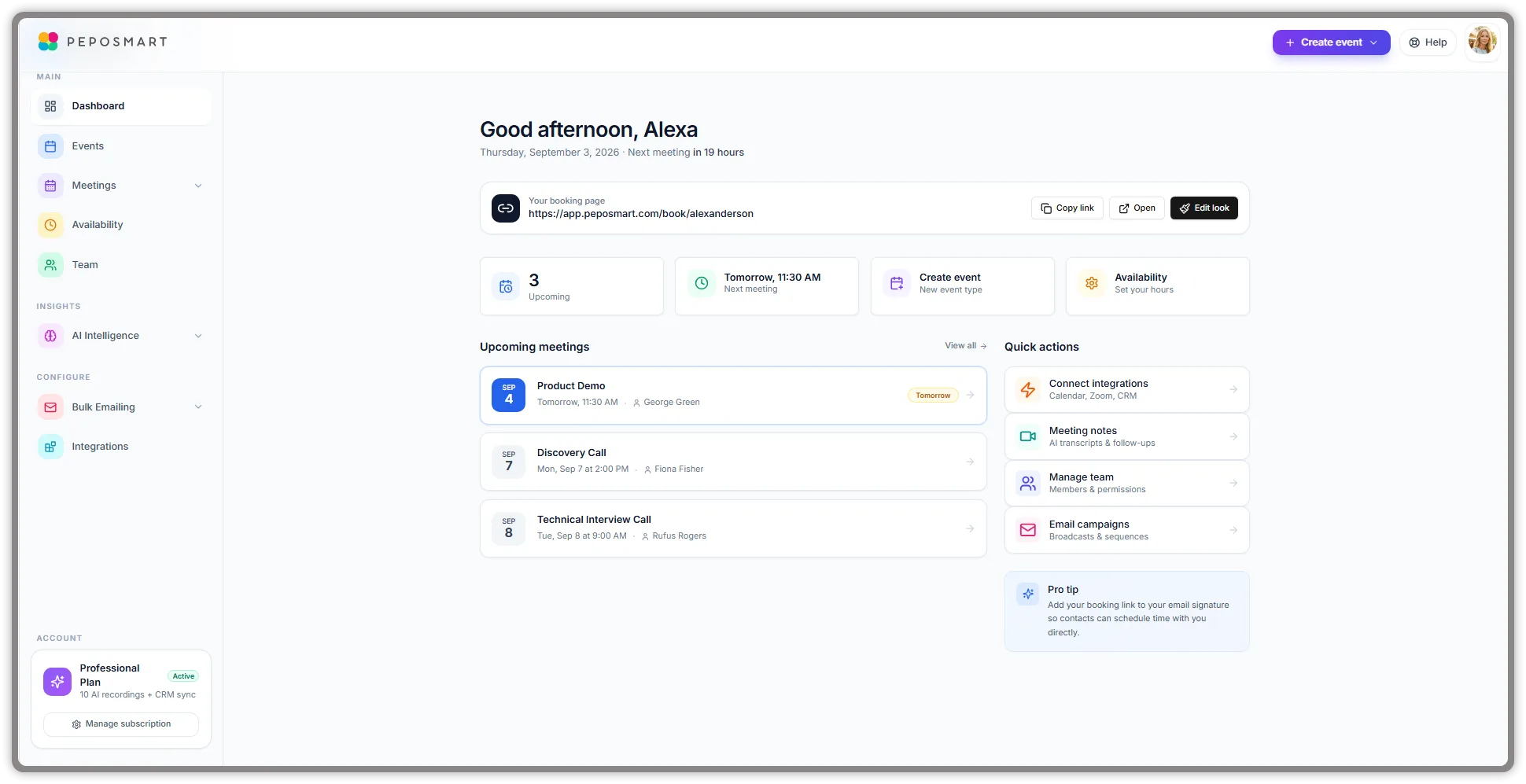 PepoSmart Professional dashboard showing the booking-page link, upcoming meetings, AI intelligence and integrations