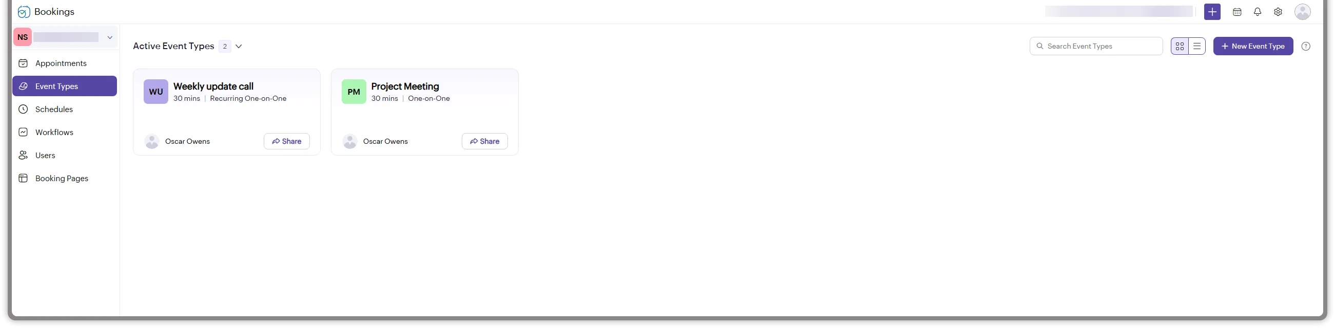 Zoho Bookings event types showing recurring and one-on-one appointments